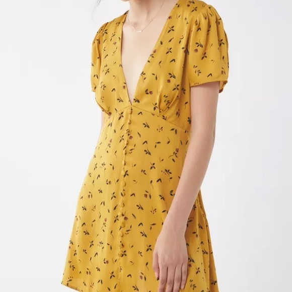 Urban Outfitters Dresses & Skirts - Urban Outfitters Golden Yellow Floral V Neck Jen Button Down Mini Dress XS